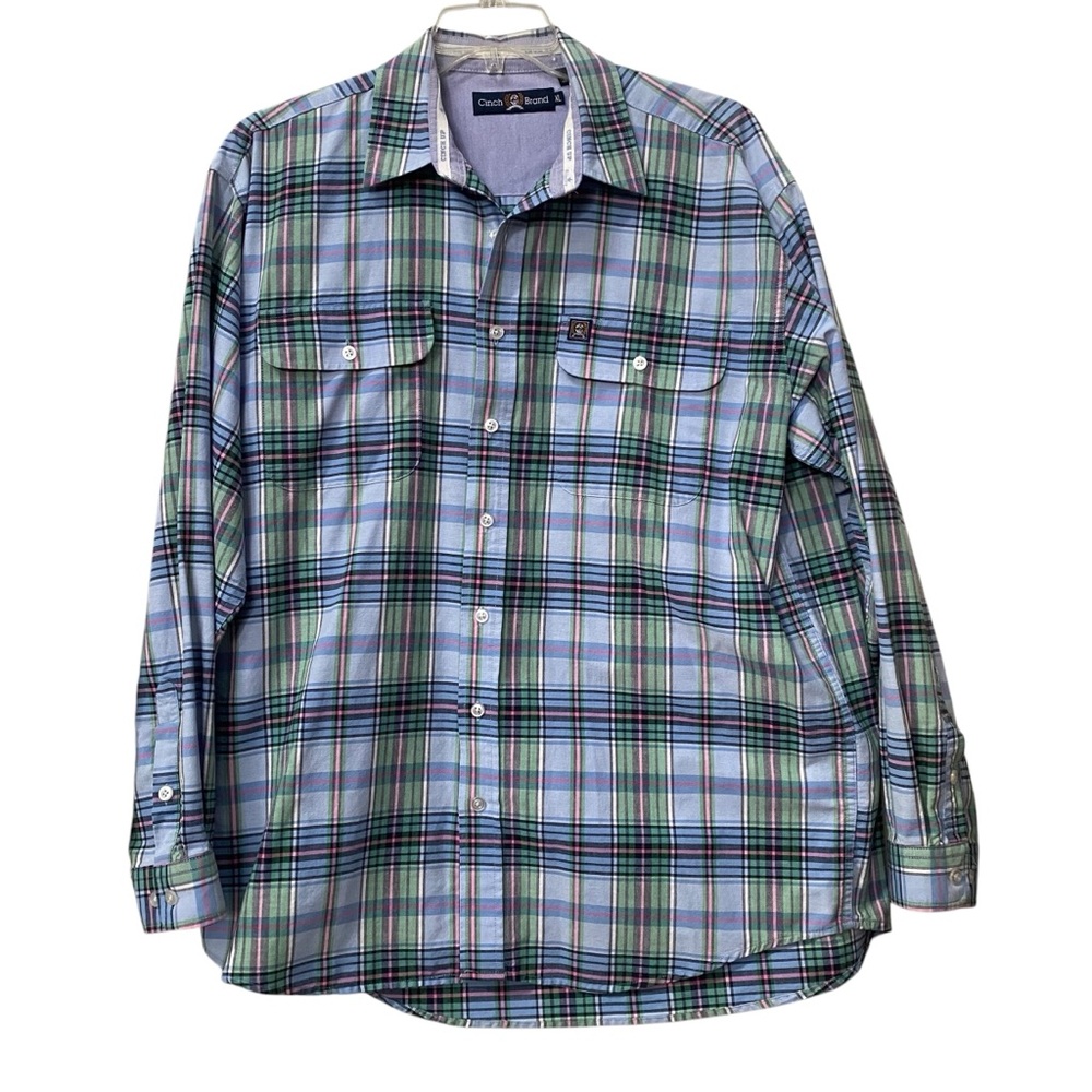 Cinch Brand Western Mens shirt Long sleeve green blue plaid Cotton size XL EUC